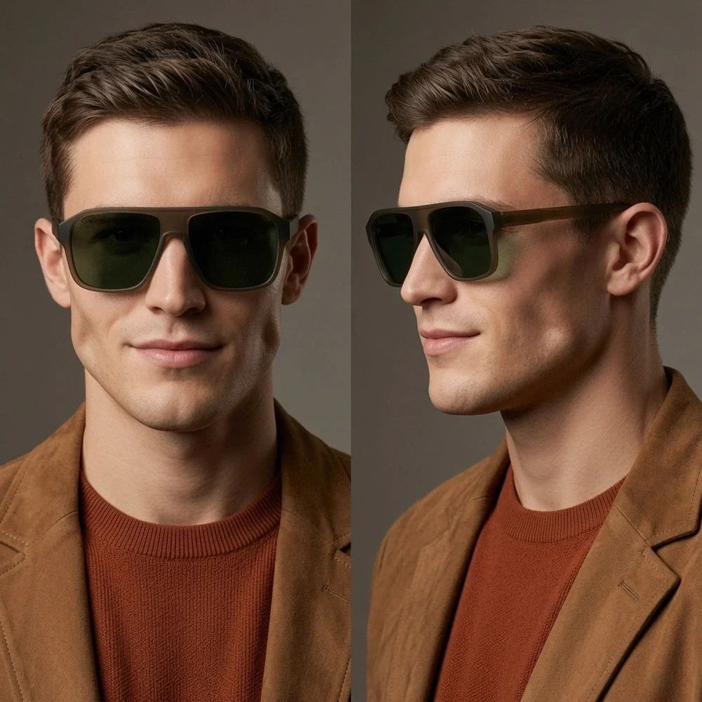 Mens Olive Green Flat Top Navigator Sunglasses Oversized Matte Square Shades New